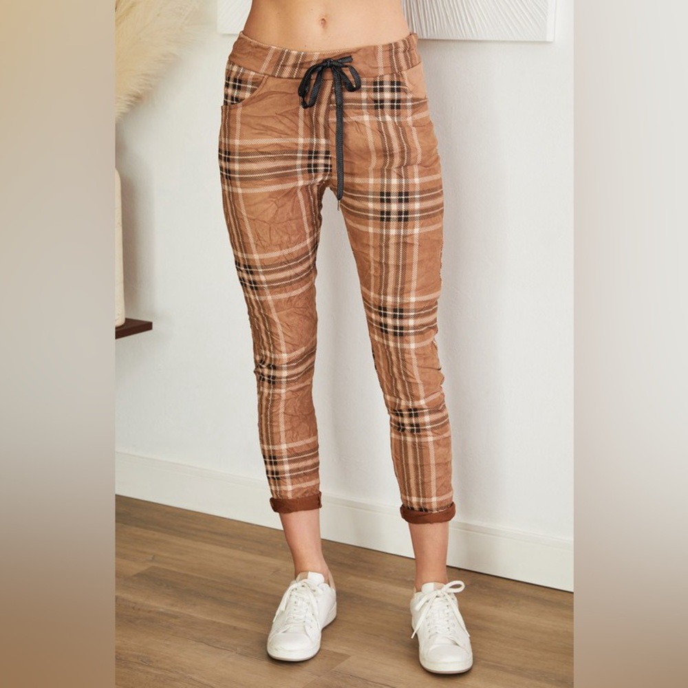 (6175-SUEDE-TOB) FAUX SUEDE NEW PLAID PRINT CRINKLE JOGGERS
